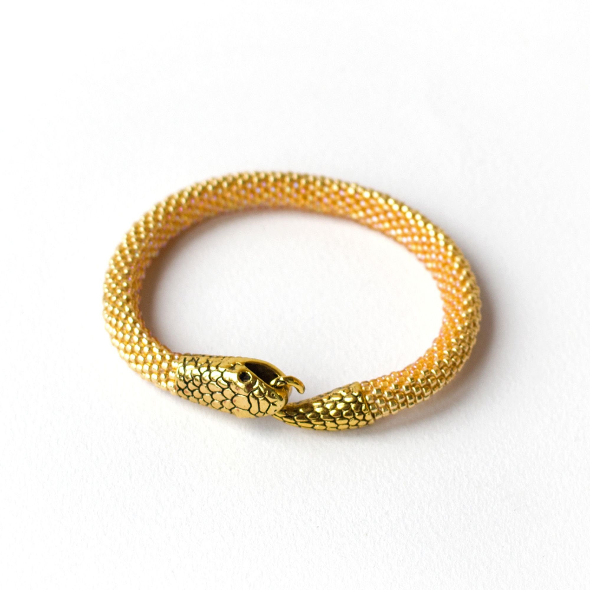 Gold Snake Bracelet, Beaded Reptile Accessories, Serpent