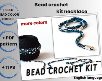 May include: Bead crochet kit for making a snake necklace. The kit includes black thread, blue and white beads, a PDF pattern, and instructions in English.