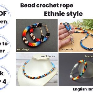 Bead crochet jewelry Pattern, Ethnic style, Crochet rope PDF pattern, 4 PDF patterns, Crochet with beads, Lanyard pattern, Pattern bracelet