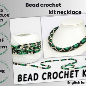 May include: A bead crochet kit for making a green and gold necklace. The kit includes beads, thread, and a PDF pattern.  "Bead Crochet Kit" and "English Language" are written on the image.