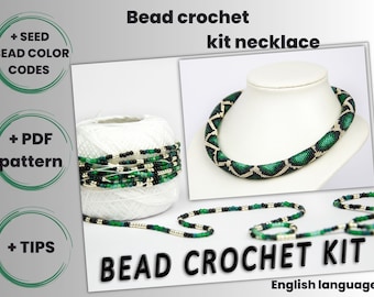 May include: A bead crochet kit for making a green and gold necklace. The kit includes beads, thread, and a PDF pattern.  "Bead Crochet Kit" and "English Language" are written on the image.