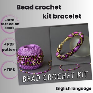 May include: A bead crochet kit for making a bracelet. The kit includes purple thread, seed beads in pink, gold, and black, a PDF pattern, and instructions. The finished bracelet is shown in the image.