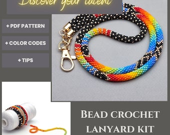 Colorful bead crochet lanyard kit, DIY lanyard ID holder kit, Jewelry making kit, Kit to make lanyard - Find calm creativity