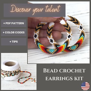 DIY ethnic earrings kit, Craft kit for adults, Beads crochet kit, Hoop earrings DIY, Unique handmade jewelry supplies