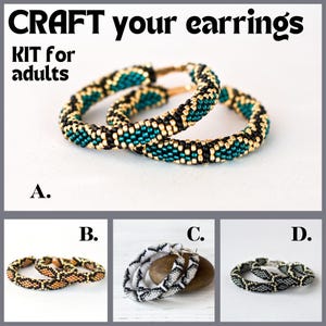 May include: A kit for crafting your own earrings. The kit includes beads in black, gold, and turquoise colors, and a pair of hoop earrings. The image shows four different earring designs, each with a different color scheme.