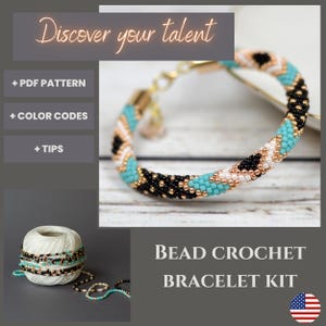 May include: A bead crochet bracelet kit with turquoise, black, white, and gold beads. The kit includes a PDF pattern, colour codes, and tips.  "Discover your talent" and "Bead Crochet Bracelet Kit" are written on the image.