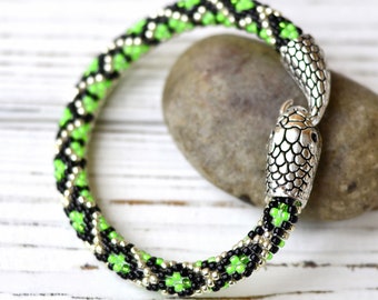 Green Beaded Snake Bracelet, Serpent Jewelry, Python Print