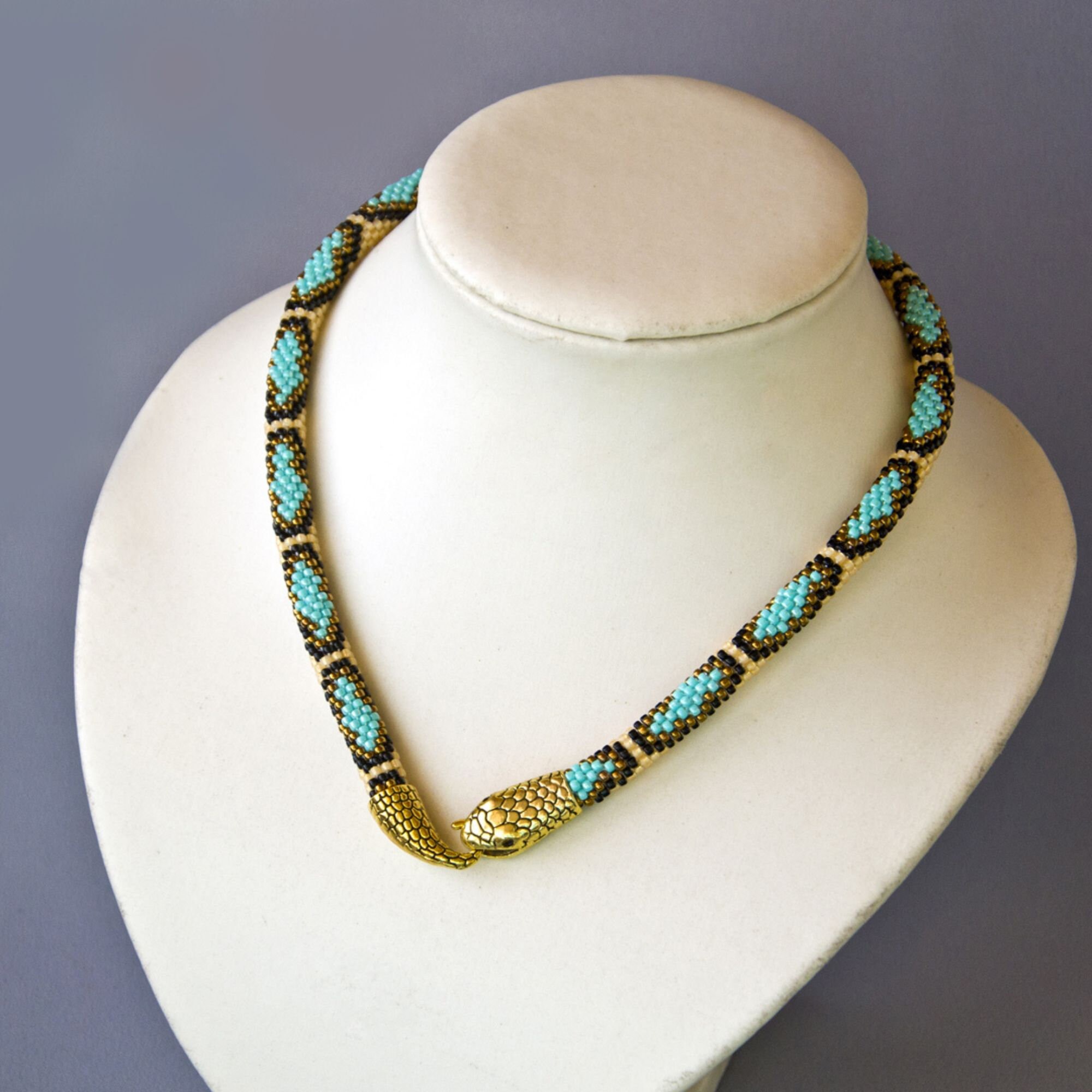 Turquoise Snake Patterned Turquoise Bead Snake Choker, Serpent Choker, Snakeskin Necklace, Snake ...