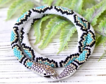 Turquoise Bead Snake Choker, Beaded Crochet Necklace, Ouroboros Jewelry