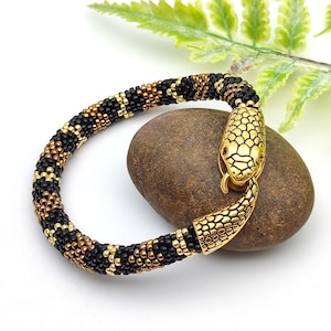 Brown snake beaded bracelet, Snake ouroboros, Reptile accessories, Serpent bracelet, Meaningful jewelry
