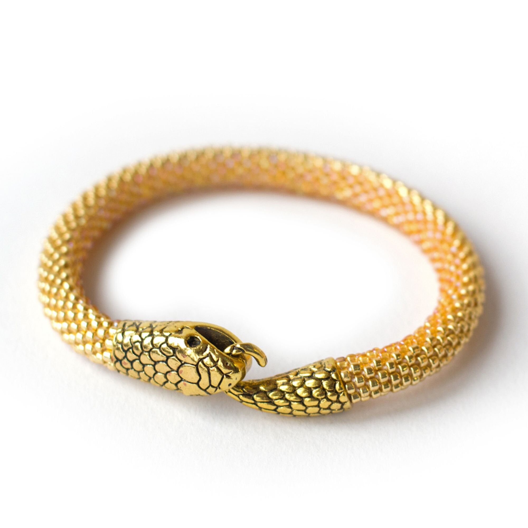 Gold Snake Bracelet, Beaded Reptile Accessories, Serpent