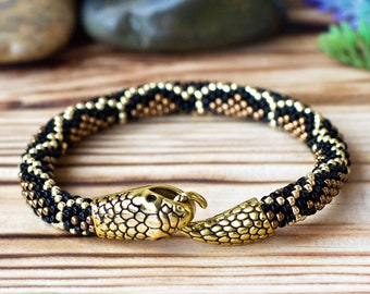 Brown Python Print Seed Bead Bracelet, Serpent Jewelry