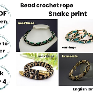 Puede incluir: Cuatro patrones PDF para tejer a crochet collares, pendientes y pulseras de cuerda de cuentas con estampado de serpiente. Los patrones están disponibles en inglés.