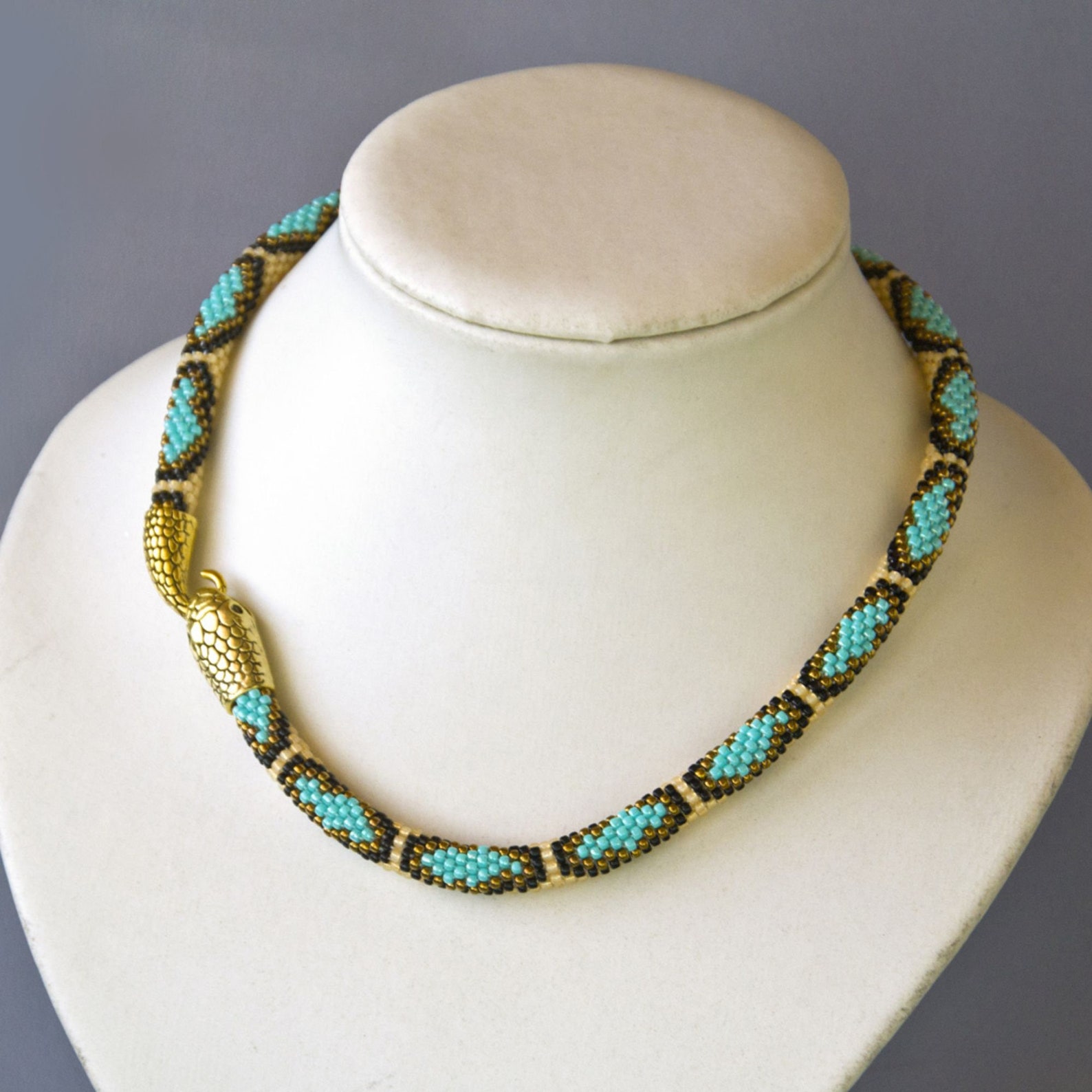 Turquoise Snake Patterned Turquoise Bead Snake Choker, Serpent Choker, Snakeskin Necklace, Snake ...
