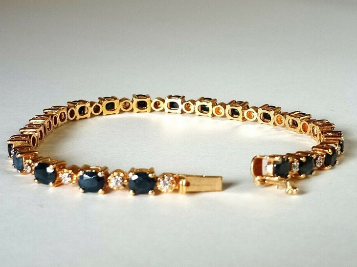 Genuine Blue Sapphire Diamond Women's Tennis Bracelet, 925 Sterling Silver, Oval Cut Gemstone, 10/14/18 K Yellow, Rose, White Gold Bracelet