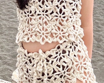 Crochet Crop Top and Skirt Set: Floral Beach Cover Up