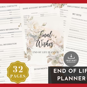 End of Life Planner Printable, Beneficiary Info, Final Wish Planner, Possession Planning Binder, Emergency Planner Binder, Will, White Rose