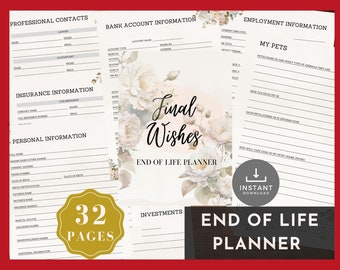 End of Life Planner Printable, Beneficiary Info, Final Wish Planner, Possession Planning Binder, Emergency Planner Binder, Will, White Rose