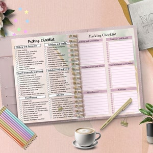 May include: A pink and white packing checklist with sections for clothing and accessories, toiletries and health, bathing and accessories, travel documents and money, entertainment and comfort, miscellaneous, and activities. The checklist is in a spiral bound notebook.