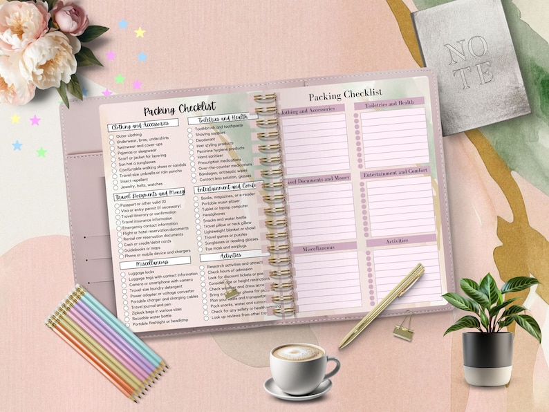 May include: A pink and white packing checklist with sections for clothing and accessories, toiletries and health, bathing and accessories, travel documents and money, entertainment and comfort, miscellaneous, and activities. The checklist is in a spiral bound notebook.