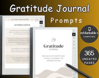 May include: A digital journal with the title "Gratitude Journal" on a white background. The journal is designed for a daily gratitude practice and includes 365 undated pages. The journal is compatible with the reMarkable 2 tablet.