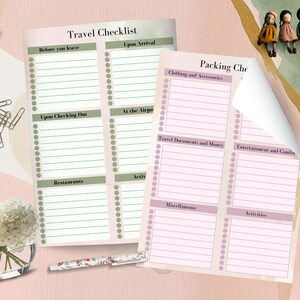 May include: A printable travel checklist with sections for before you leave, upon arrival, upon checking out, restaurants, activities, clothing and accessories, travel documents and money, entertainment and comfort, miscellaneous, and activities. The checklist is printed on white paper with pink and green accents.