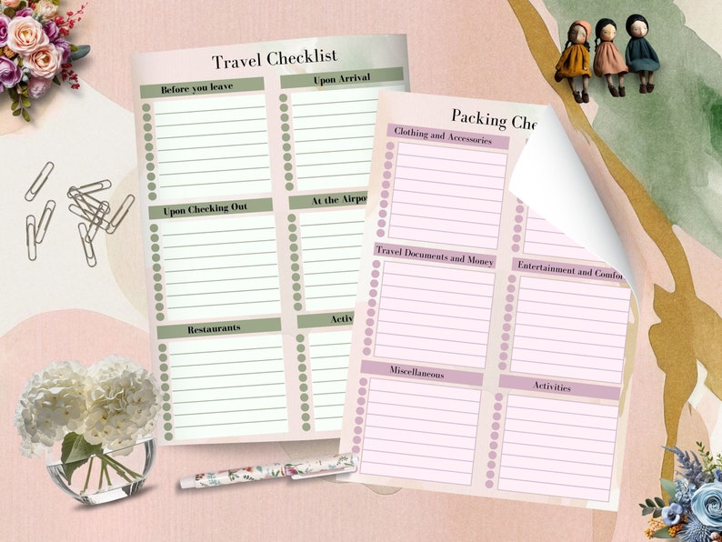 May include: A printable travel checklist with sections for before you leave, upon arrival, upon checking out, restaurants, activities, clothing and accessories, travel documents and money, entertainment and comfort, miscellaneous, and activities. The checklist is printed on white paper with pink and green accents.