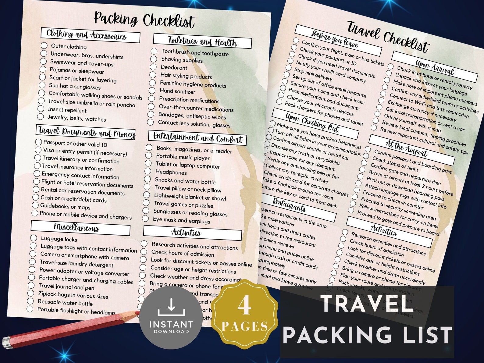 Travel Packing List Printable, Instant Download, Vacation Planning ...