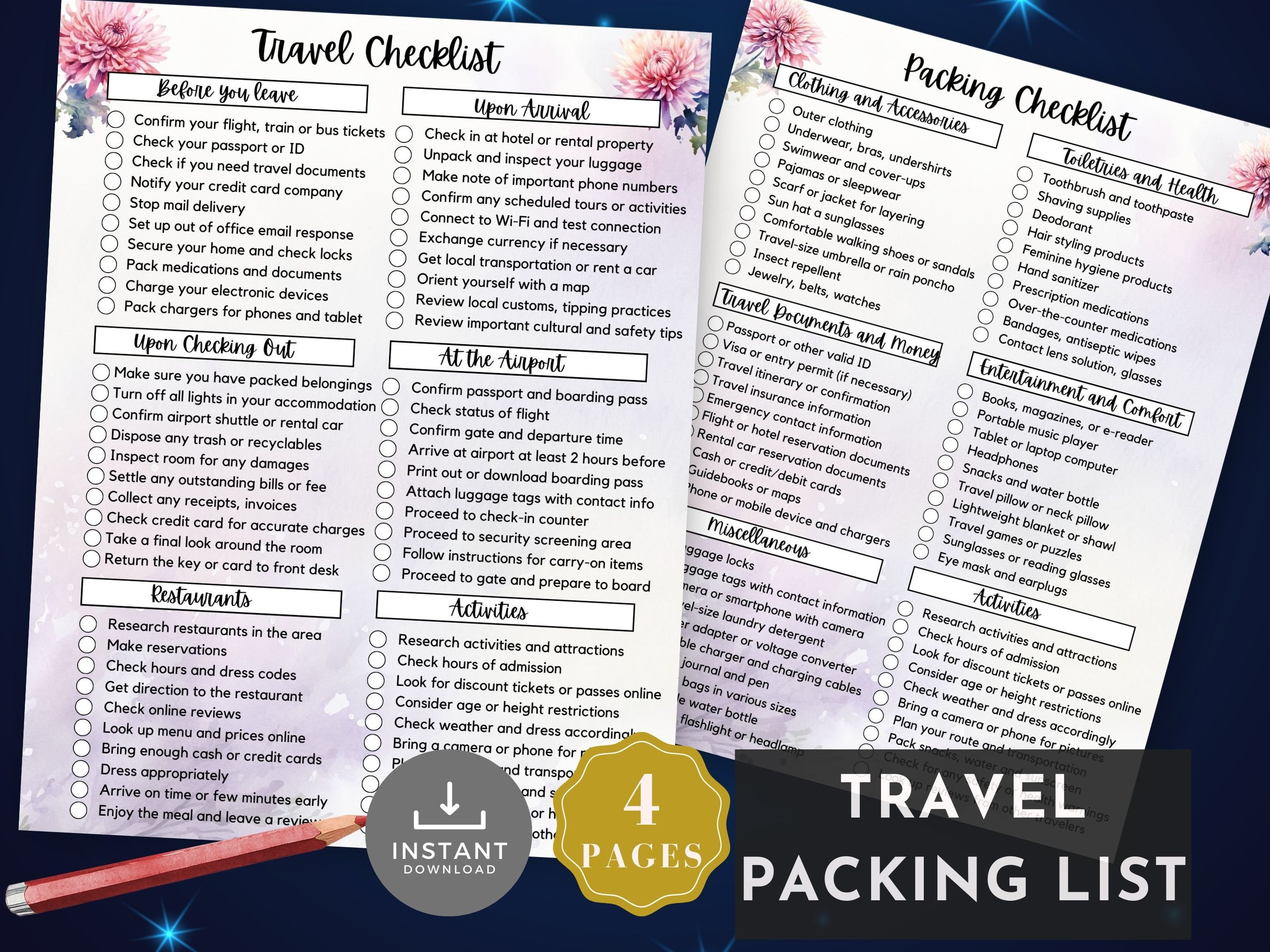 Travel Packing List Printable, Instant Download, Vacation Planning ...