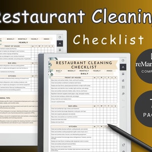 Könnte beinhalten: Eine druckbare Restaurant-Reinigungscheckliste mit 7 Seiten. Die Checkliste ist in Abschnitte für den Empfangsbereich, die Bar und die Küche unterteilt. Jeder Abschnitt enthält eine Liste von Aufgaben, die täglich, wöchentlich, monatlich und jährlich zu erledigen sind. Die Checkliste ist mit dem reMarkable 2 Tablet kompatibel.