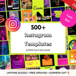 500+ Colorful, Retro, Funky Instagram Templates - Funky Neon 2nd Edition Editable Canva Templates - Bright Instagram Feed, Colorful Branding