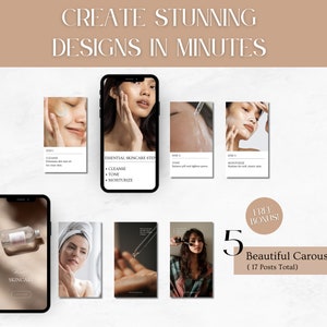 May include: Five phone screens displaying different social media post templates for skincare products. The templates feature images of women with different skincare products and text that says "Essential Skincare Steps: Cleanse, Tone, Moisturize" and "Free Bonus! 5 Beautiful Carousels (17 Posts Total)"