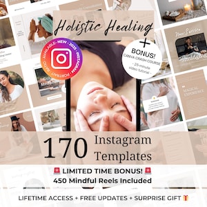 May include: A collage of images promoting a holistic healing Instagram template bundle. The bundle includes 170 Instagram templates and 450 mindful reels. The text "Holistic Healing" is featured in a large font at the top of the image. The image also includes a bonus Canva crash course.