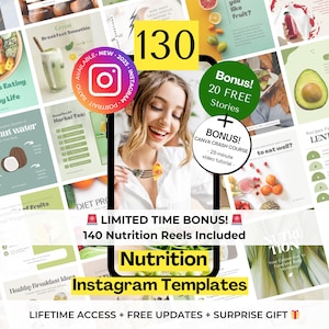130 Nutrition Instagram Canva Templates - Health & Wellness Instagram - Healthy Eating Instagram Template - Nutritionist Social Media