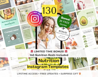 130 Nutrition Instagram Canva Templates - Health & Wellness Instagram - Healthy Eating Instagram Template - Nutritionist Social Media