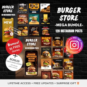 120 plantillas de Canva para publicaciones de Instagram de hamburgueserías y restaurantes - Instagram de restaurantes editable - Instagram de hamburguesas - Instagram de comida