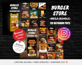 120 Instagram Post Canva Templates For Burger Store Restaurant - Editable Restaurant Instagram - Burger Instagram - Food Instagram