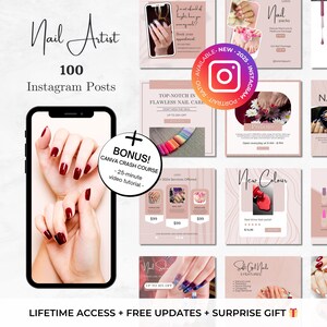 100 Nail Artist Instagram Posts- Nail Art Templates - Nail Tech Instagram - Nail Salon Editable Canva Templates -Manicure Beauty Salon Posts