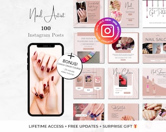 100 Nail Artist Instagram Posts - Nail Art Vorlagen - Nail Tech Instagram - Nagelstudio bearbeitbare Canva-Vorlagen -Maniküre Schönheitssalon Posts