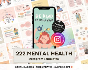 222 Mental Health Instagram Canva Templates -Psychotherapy -Wellness and Self Care Social Media Templates - Coaching Templates -Therapist IG