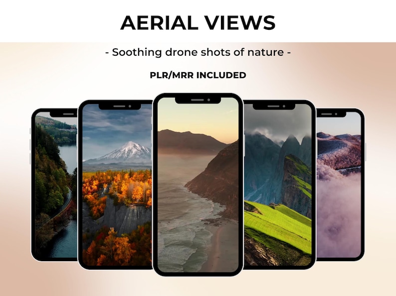 May include: Five smartphone screens displaying aerial drone footage of nature scenes. The screens show a mountain range, a river, a forest, a valley, and a mountain peak.