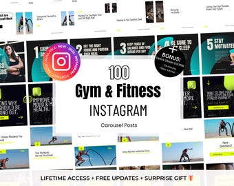 100 Gym & Fitness Instagram Karussells Canva Vorlagen Bundle - Fitnesslehrer, Fitnesscoach, Personal Trainer, Fitnessstudio Business Vorlagen