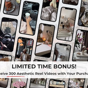 Op de afbeelding: Een collage van afbeeldingen die verschillende esthetische sc&egrave;nes tonen, waaronder een auto-interieur, een coffeeshop, een bureau met een laptop en een boeket bloemen. De tekst "LIMITED TIME BONUS! Receive 300 Aesthetic Reel Videos with Your Purchase!" wordt onderaan de collage weergegeven.
