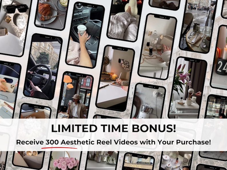 Op de afbeelding: Een collage van afbeeldingen die verschillende esthetische sc&egrave;nes tonen, waaronder een auto-interieur, een coffeeshop, een bureau met een laptop en een boeket bloemen. De tekst "LIMITED TIME BONUS! Receive 300 Aesthetic Reel Videos with Your Purchase!" wordt onderaan de collage weergegeven.