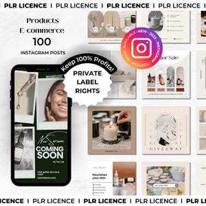 Może przedstawiać: Kolaż szablonów postów na Instagramie dla firmy e-commerce sprzedającej świece i produkty do pielęgnacji skóry. Szablony zawierają różne zdjęcia, w tym świece, produkty do pielęgnacji skóry i zdjęcia lifestyle'owe. Tekst na szablonach zawiera frazy takie jak "Zachowaj 100% zysków!" i "Prawa do prywatnej marki".