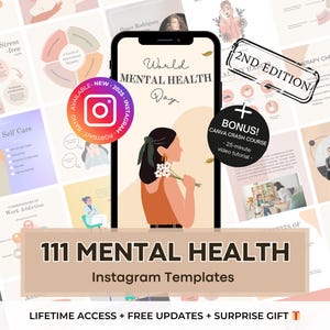 111 mallar för mental hälsa - Terapeut, kurator, hälsocoach Instagram Canva redigerbara mallar - Mallar för sociala medier för psykoterapi