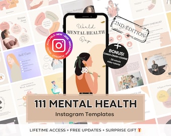 111 Mental Health Templates - Therapist, Counsellor, Wellness Coach Instagram Canva Editable Templates -Psychotherapy Social Media Templates
