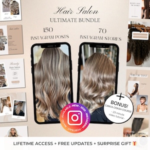 220 post e storie Instagram per parrucchieri Canva Templates - Modello Instagram per parrucchieri - Instagram per capelli - Social media per capelli - Prodotti per capelli