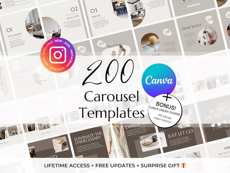 May include: A collage of 200 Canva carousel templates for Instagram, featuring a variety of design styles and layouts. The text "200 Carousel Templates" is prominently displayed in the center of the image, along with the Canva logo and the phrase "Bonus! Canva Crash Course".