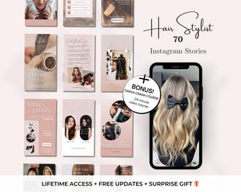 May include: A collection of 70 Instagram story templates for hair stylists. The templates feature a pink and white color scheme with images of hair and salon-related items. The text "Hair Stylist 70 Instagram Stories" is displayed at the top of the image. A bonus Canva crash course is also included.